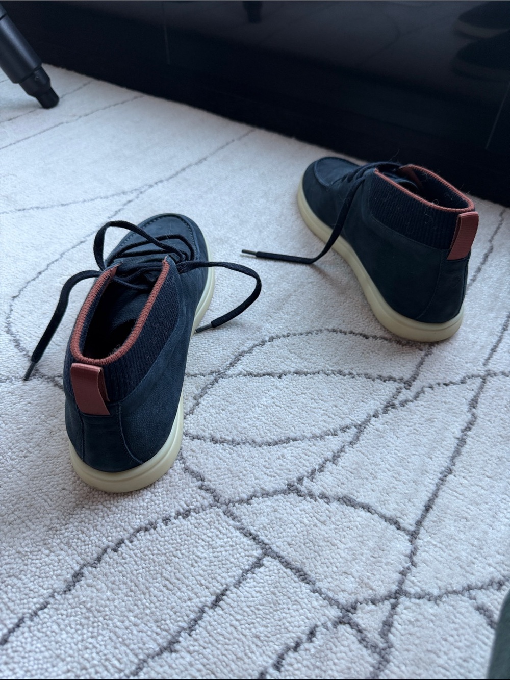 Loro Piana Navy Suede Lace-Up Loafers with Tan Trim - Picture 2 of 4